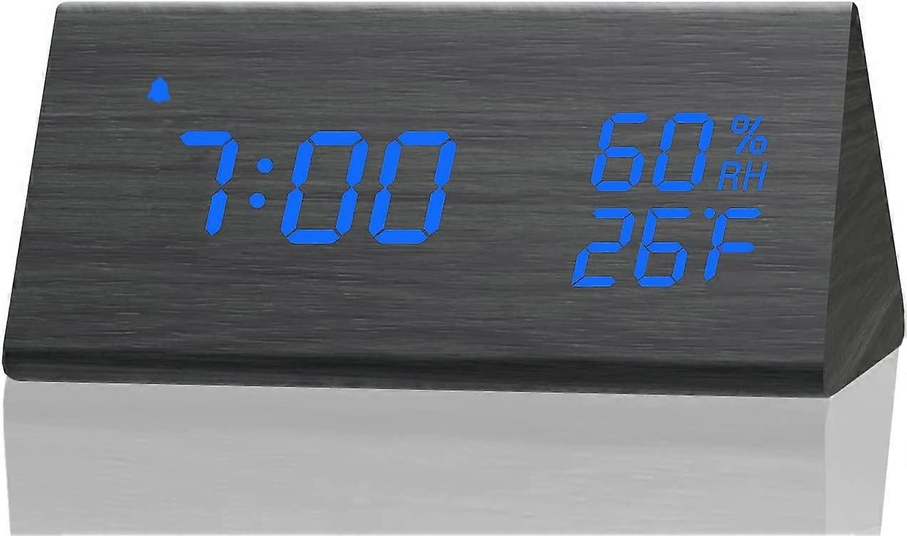 Digital Alarm Clock, with Wooden Electronic LED Time Display, Humidity & Temperature Detect - Black - Blue Led