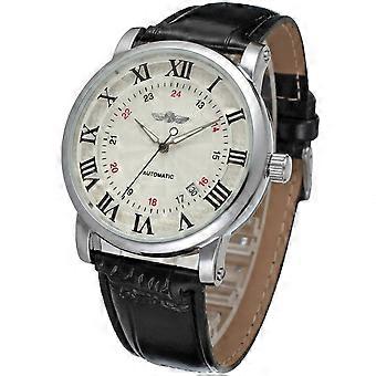 WINNER Full automatic Mechanical PU Leather Band Men Watch(White Dial Black Number  Black Strap)