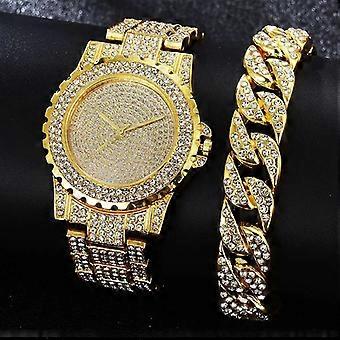 JUEGE* 1pc Rhinestone Decor Quartz Watch Luxury Hiphop Analog Wristwatch & 1pc Bracelet, Gift For Xmas Valentine's