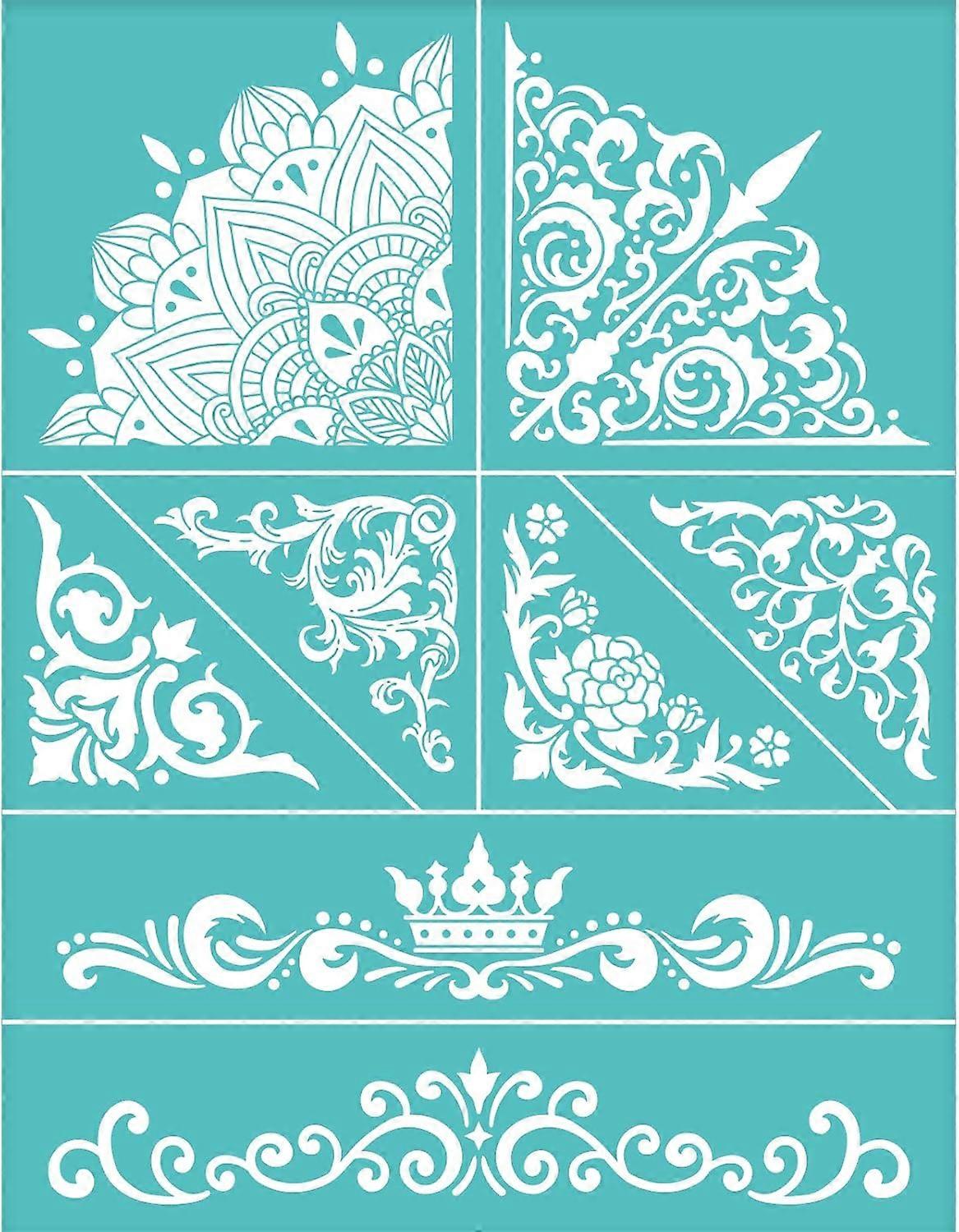 2Pcs Self-Adhesive Silk Screen Printing Stencil Vintage Border Corner Pattern Stencil Reusable Mesh Stencils Transfer Washable Home Decor for DIY T-Sh