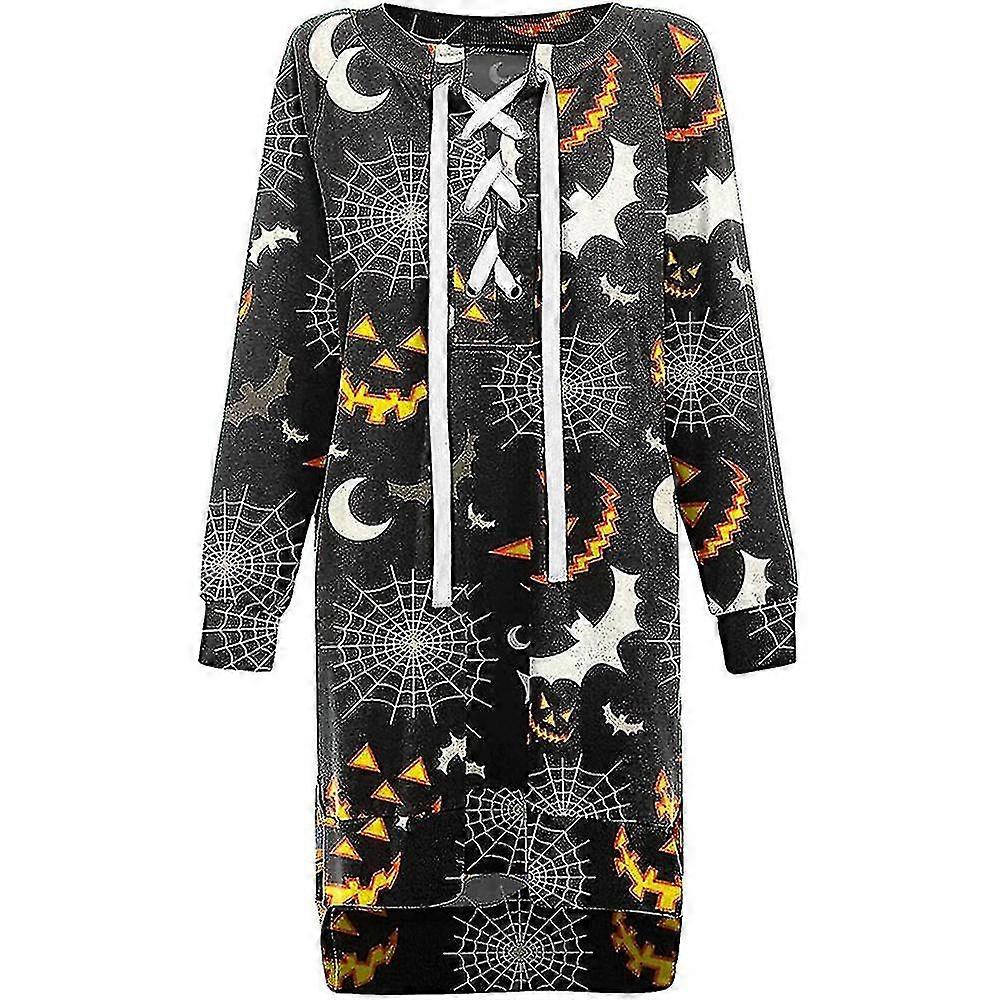 Kvinnor Halloween Print Långärmad Snörning V-ringad Miniklänning