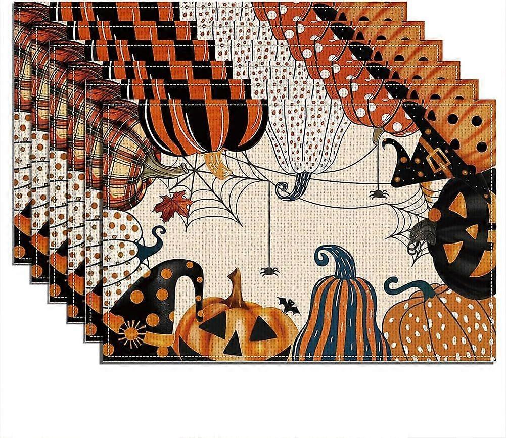 Pumpkin Placemats Set of 6 Pumpkin Ghost Table Place Mats for Dining Table Halloween Spider Washable Table Mats Linen Heat Resistant Place Mats Decor
