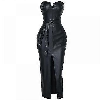 Sexy Strapless Bodycon PU Leather Dress Women Split Rivet Drop Draped Dress Club Party Wear Female(Black M)