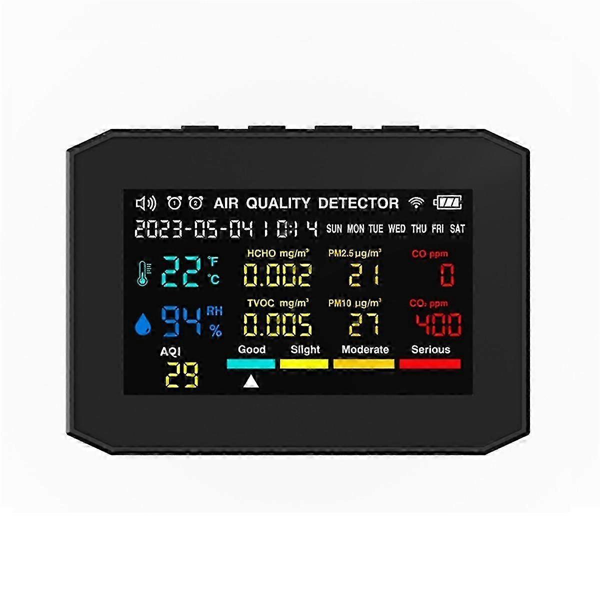 Air Quality Monitor Indoor, Air Quality Detector with Time Date Display and Alarm Clock, CO2 Monito