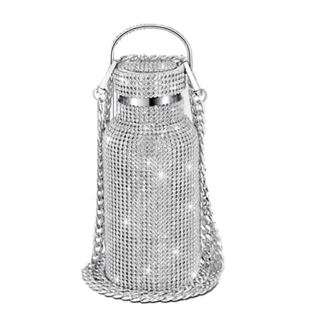 Bling Water Bottle Silver Rhinestone Glitter Bottle with Chain 350ml