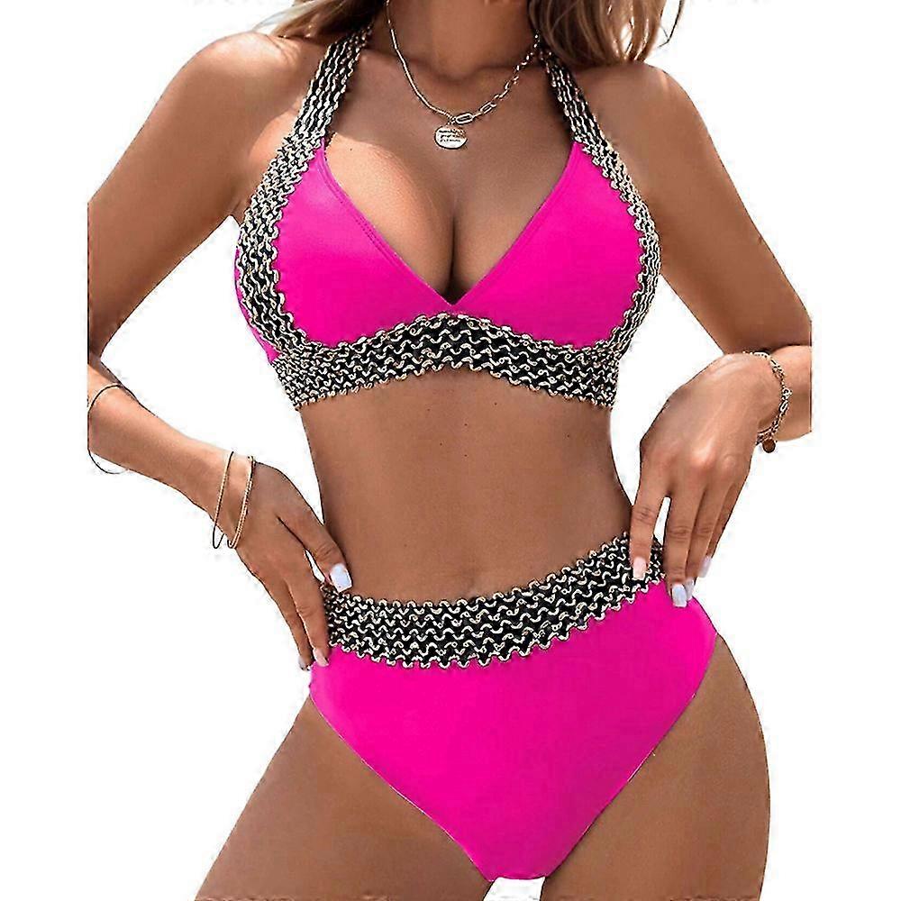Hoch taillierte Bademode mit Damen-Neckholder-Patchwork-gepolstertem Bikini-Badeanzug