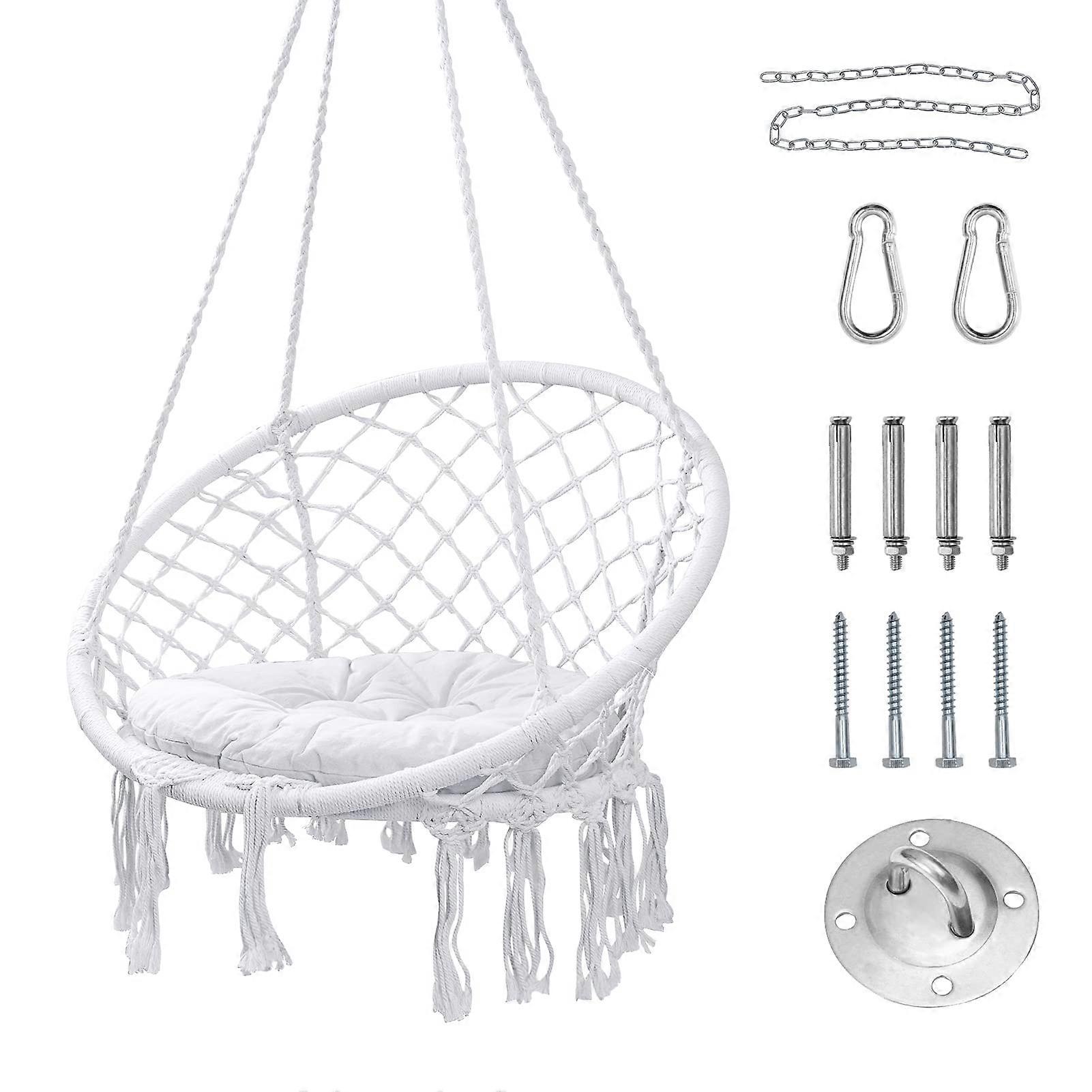 Hammock Chair, Hanging Swing with Macrame and Cushion, Max 330 Lbs, White Cotton Rope Chair