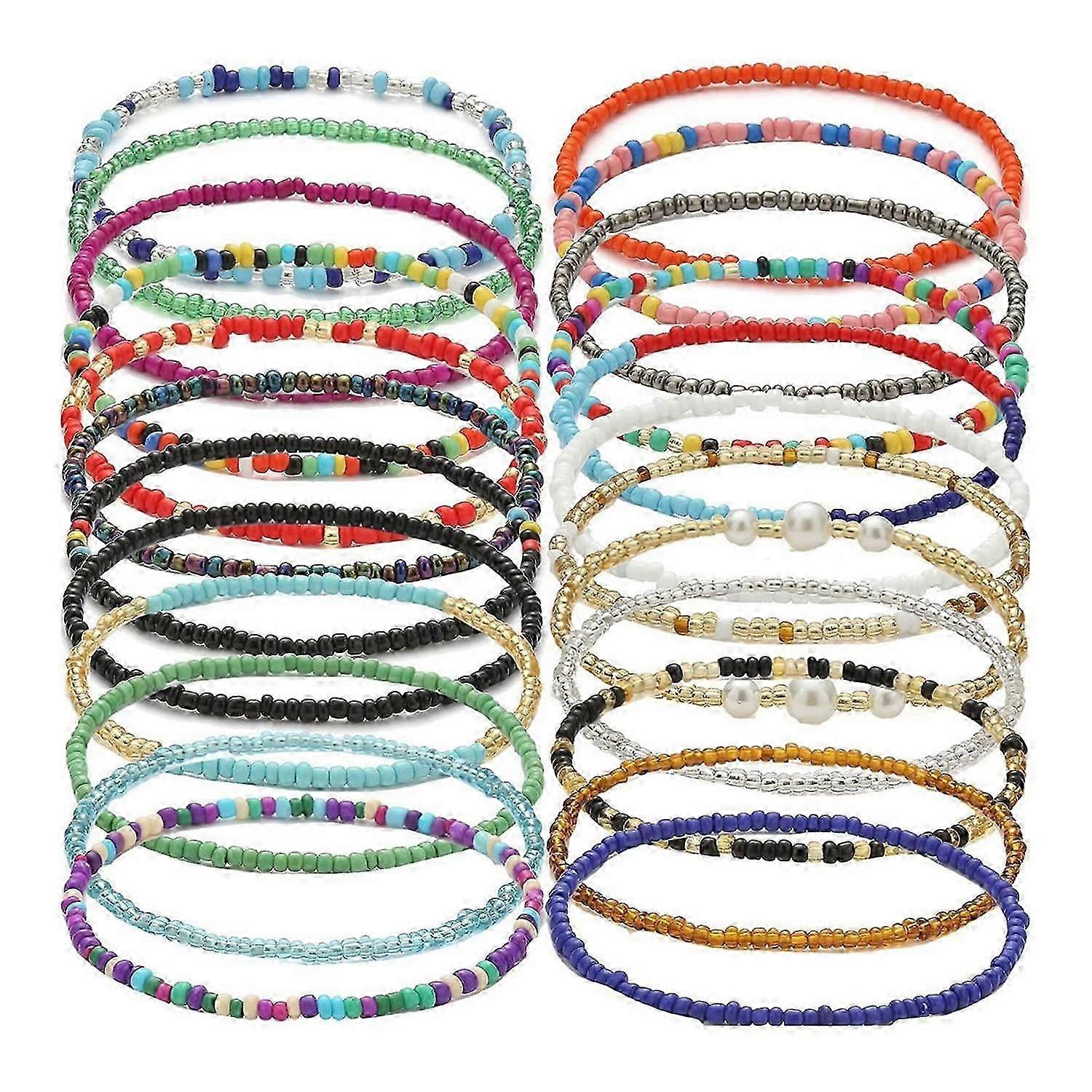 24 Pcs Beach Bead Anklets Set Colorful Rainbow Bohemian Style Elastic Elastic Stackable Beaded
