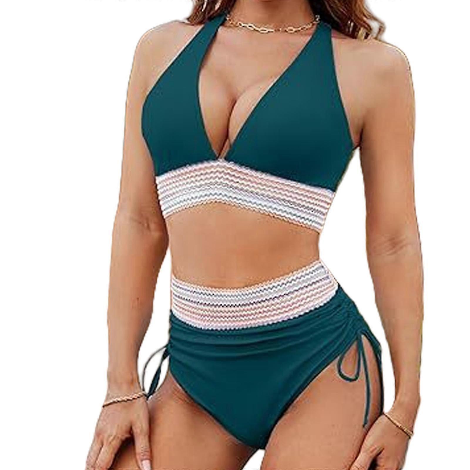 Femmes élégantes Maillot De Bain Taille Haute Maillots De Bain Push Up Maillots De Bain Col En V Cordon De Serrage Ajustable Maillot De Bain Contrôlé Par Le Ventre Blanc XL