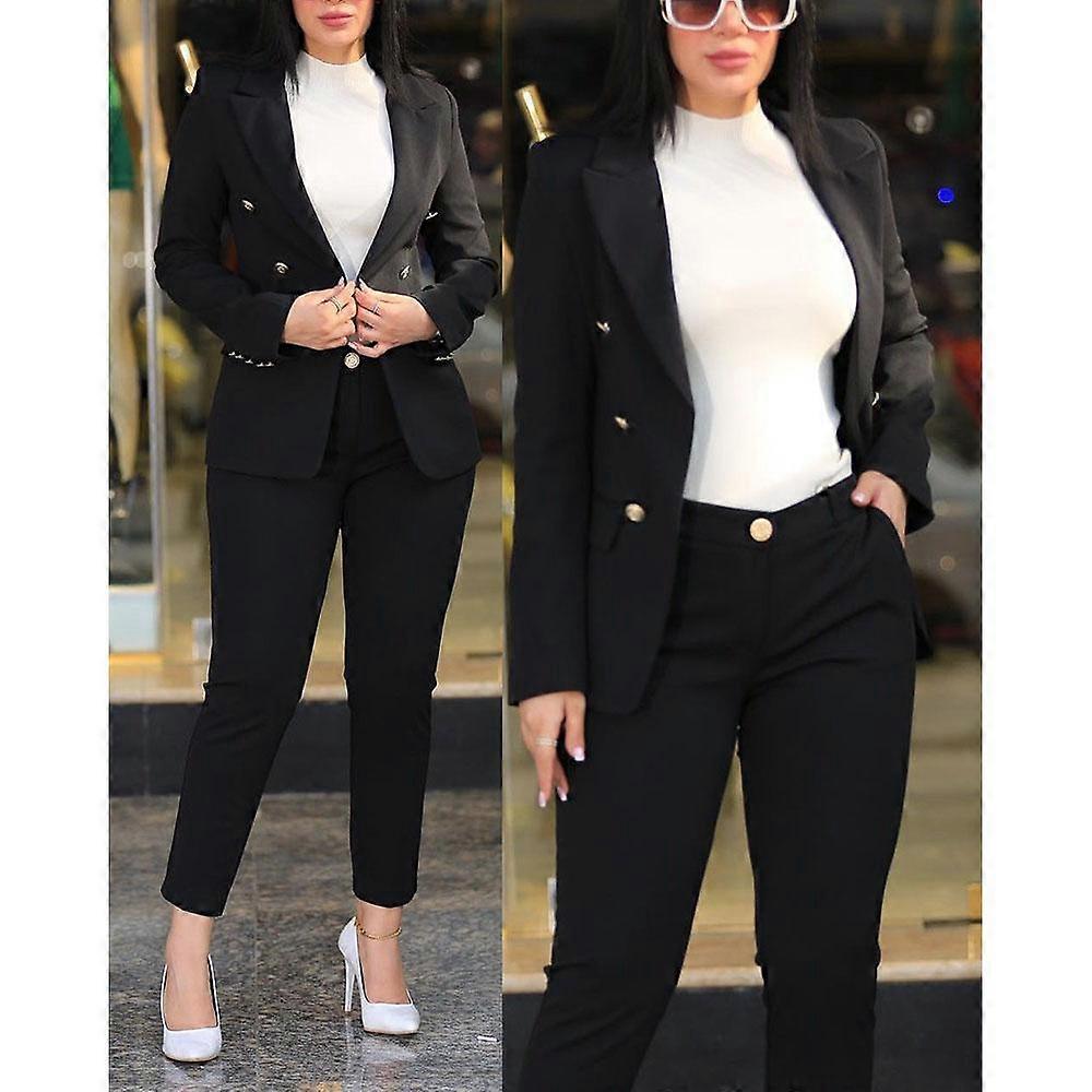Formal Office Pant Sets Women 2PCS Double Breasted Solid Blazers Jacket and Pants Two Pieces Set Female Pant Suits Sets