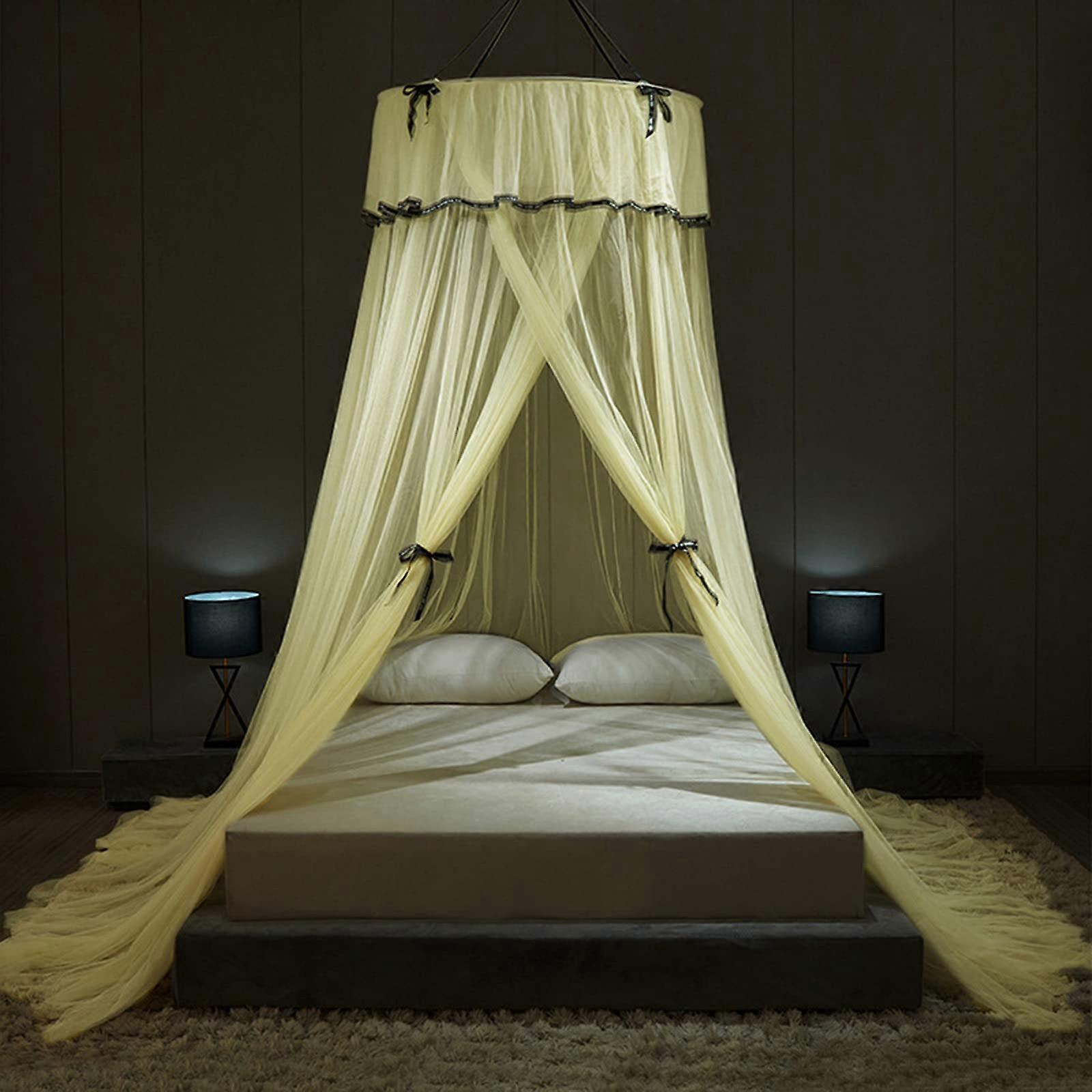Mosquito Net for Bed, Kingsize Bed Canopy with Bow, Round Princess Dome Design, Yellow, 1.8m, Compatible with Double and Single Beds