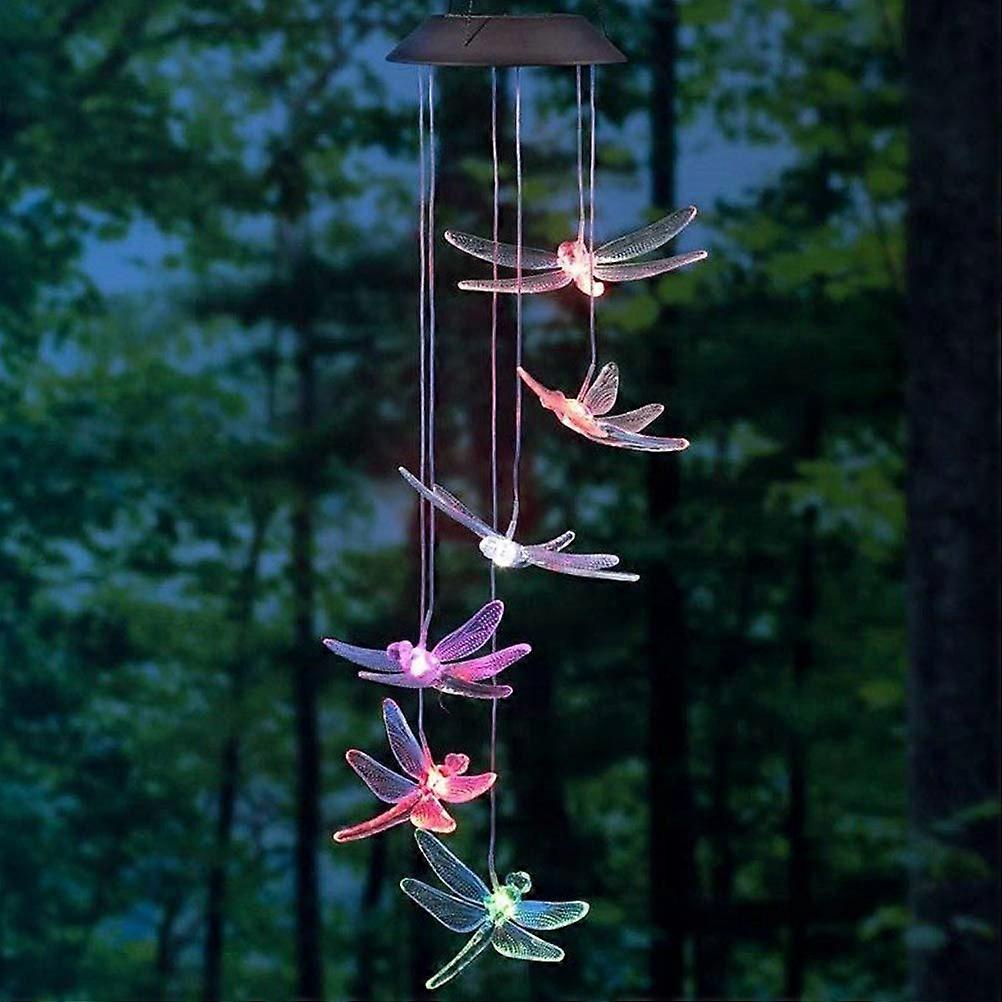 Solar Wind Chime Dragonfly Mobile LED Light Color Changing for Yard Garden Wind Chime Lamp Accessories Home Decoration (Random Color)