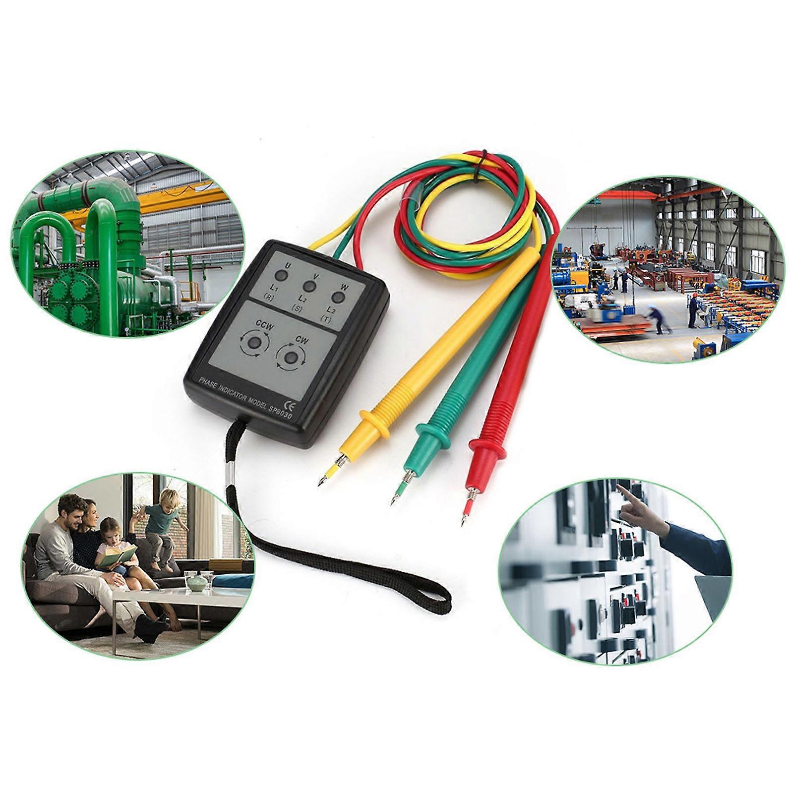 Phase Rotation Meter 5 LED Indicator No Battery Design 3 Test Leads 3 Phase Sequence Rotation Tester 60V to 600V AC