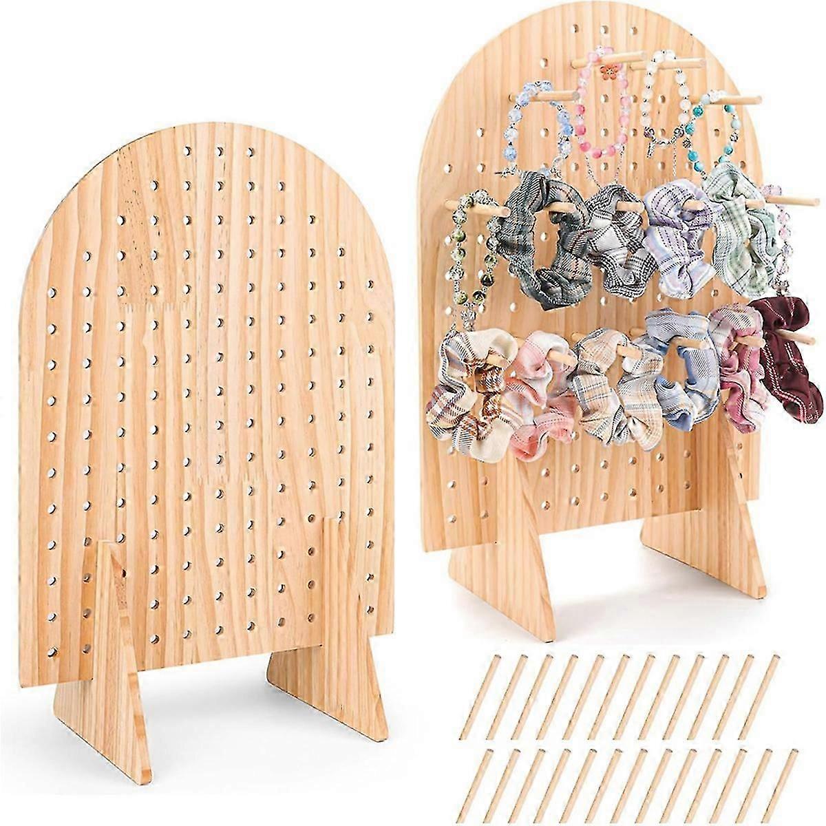 2 حزمة خشبية pegboard عرض موقف مع 25 قطعة قضبان وتد الخشب ، حامل pegboard البيضاوي للمجوهرات ، PE