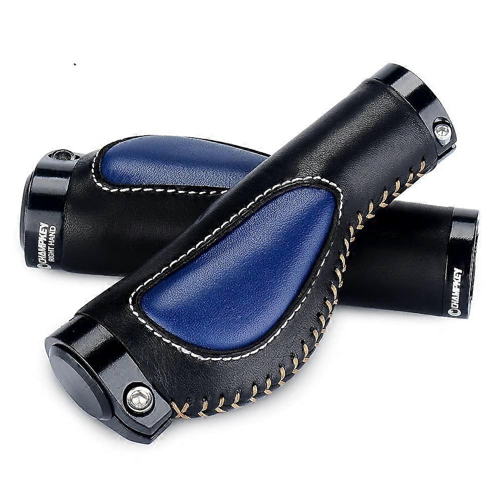 Bicycle Grip Aluminium Alloy Lock Ring Leather Mountain Bike Handlebar Bushings Shock Absorption Grips Black Blue