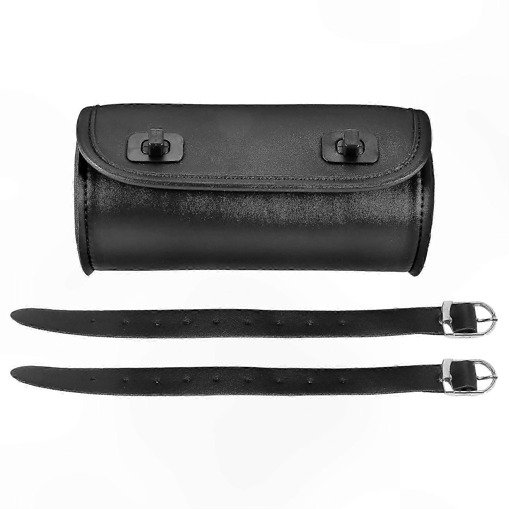 Universal Motorcycle Fork Bag with 2 Straps, PU Leather Handlebar Tool Pouch, Sissy Bar Roll Storage Saddle Bag for Bikes