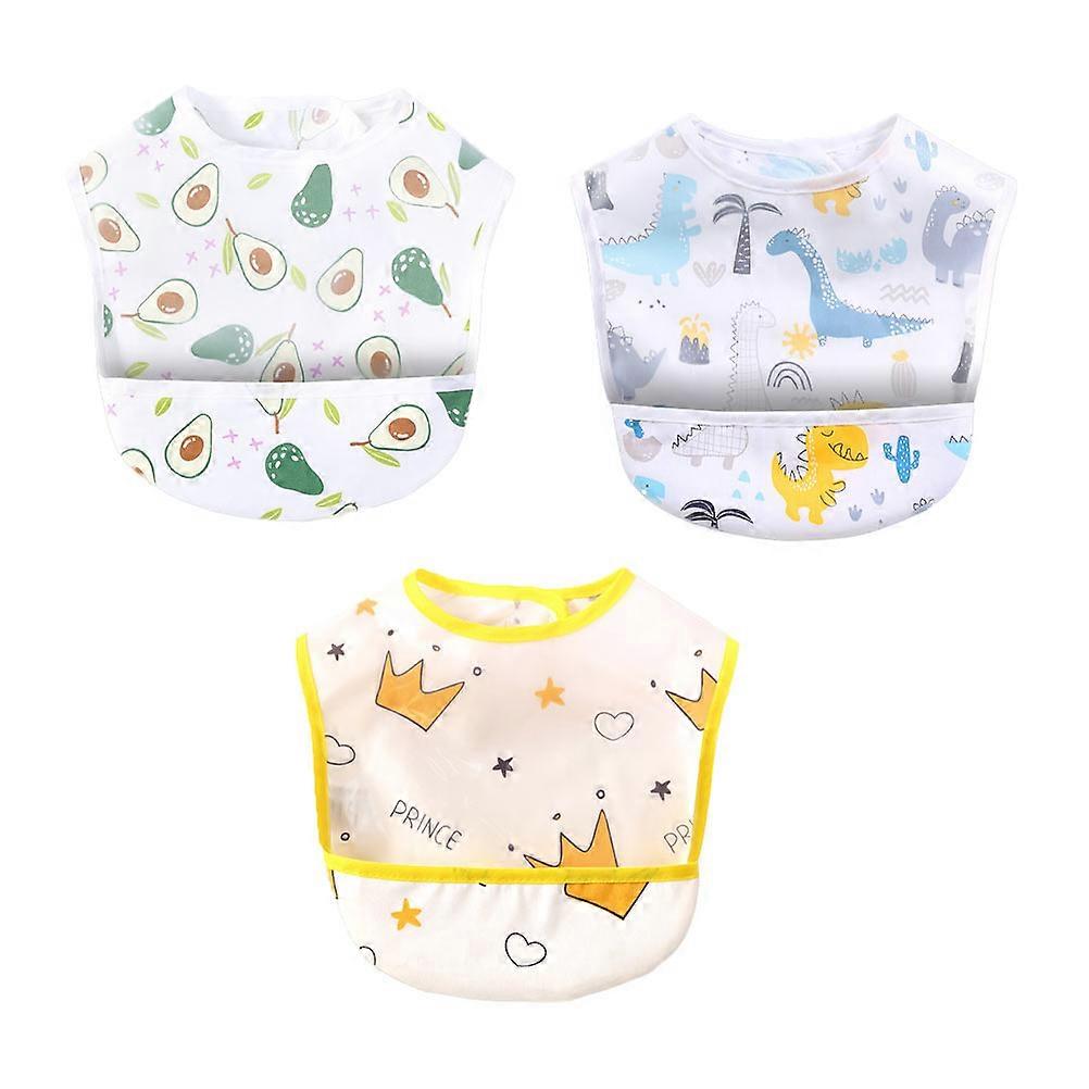 3pcs Cartoon Bibs with Meal Apron for Easy Cleaning – Dinosaur, Crown, Avocado Designs for Daily Messy Eating