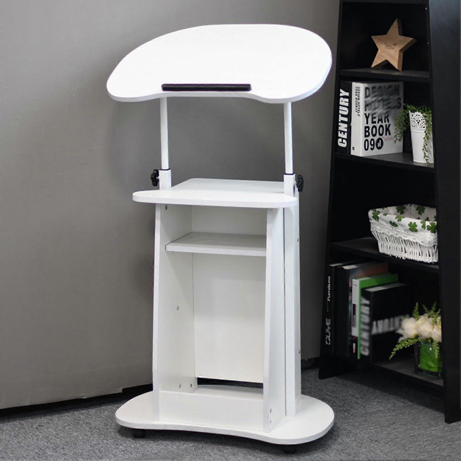 Mobile Laptop Podium Height-Adjustable Stand With Storage Shelf Sit-To-Stand Tilting Desktop White