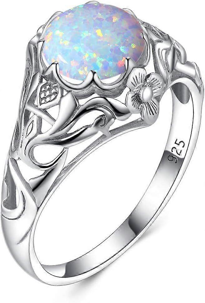 Vintage Real Silver Opal Rings for Women 2ct Round Shape Art Deco Ring Silver