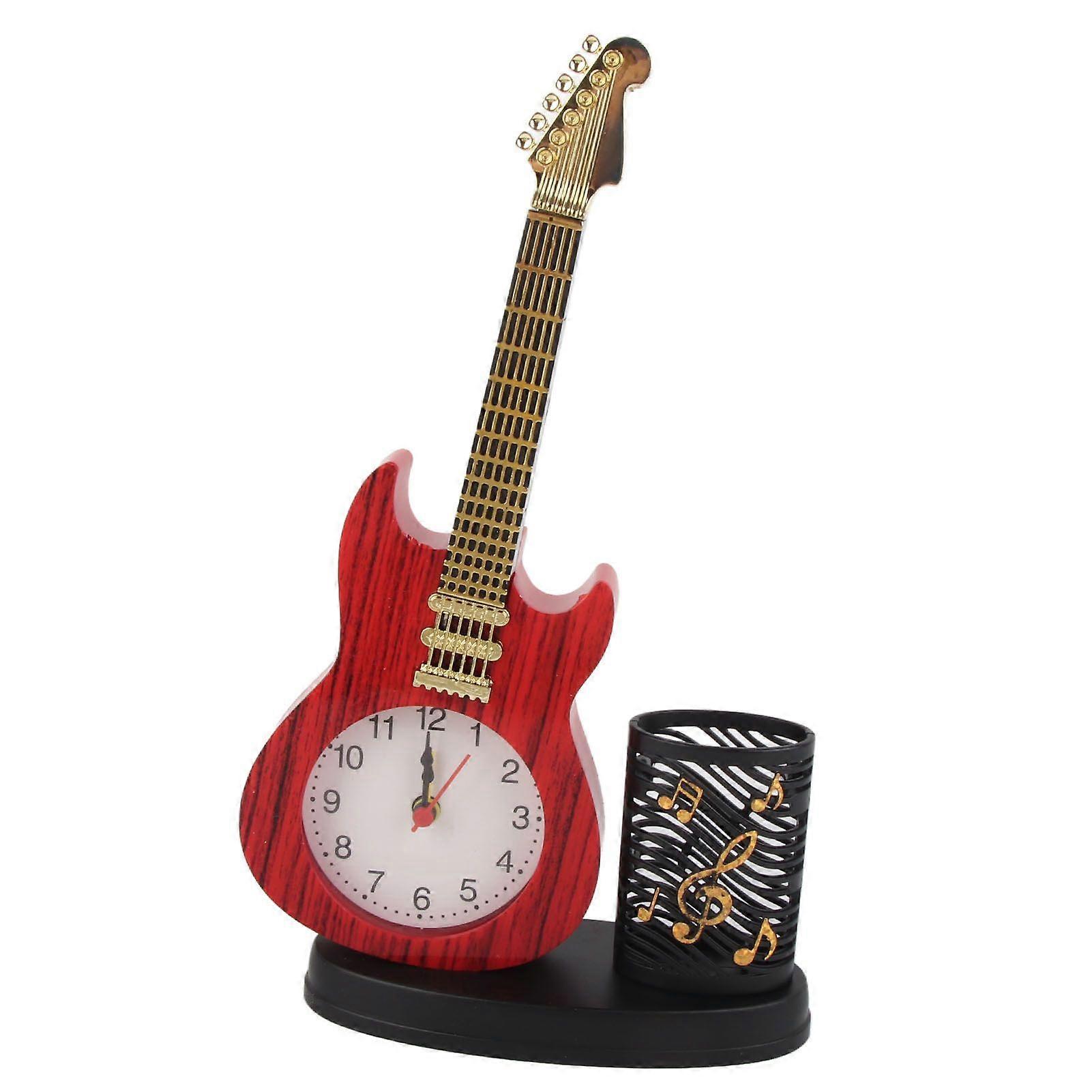 Vintage Desk Clock Guitar Shape Stable Base Battery Powered ABS Alarm Clock with Pencil Holder for Bedroom Office