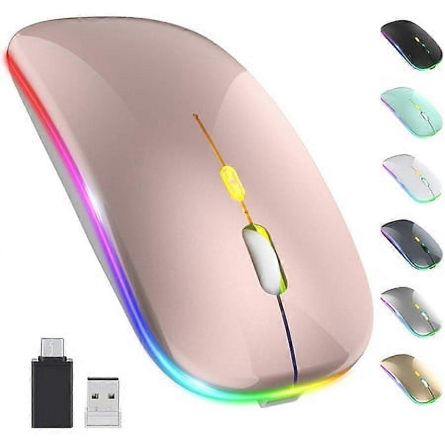 LED Wireless Mouse, Rechargeable Slim Silent 2.4G Optical Mouse with USB & Type-C Receiver, 3 DPI Levels for PC/Laptop (Rose Gold)