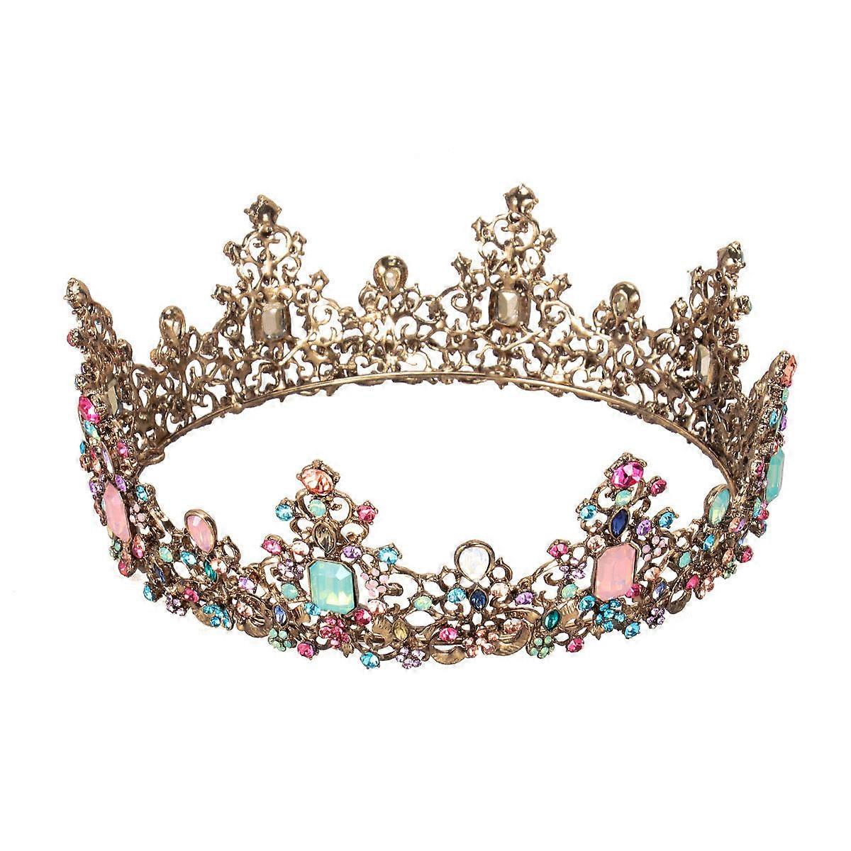 Wedding Bridal Tiara Large Round Retro Tiara with 2Pcs Colorful Alloy