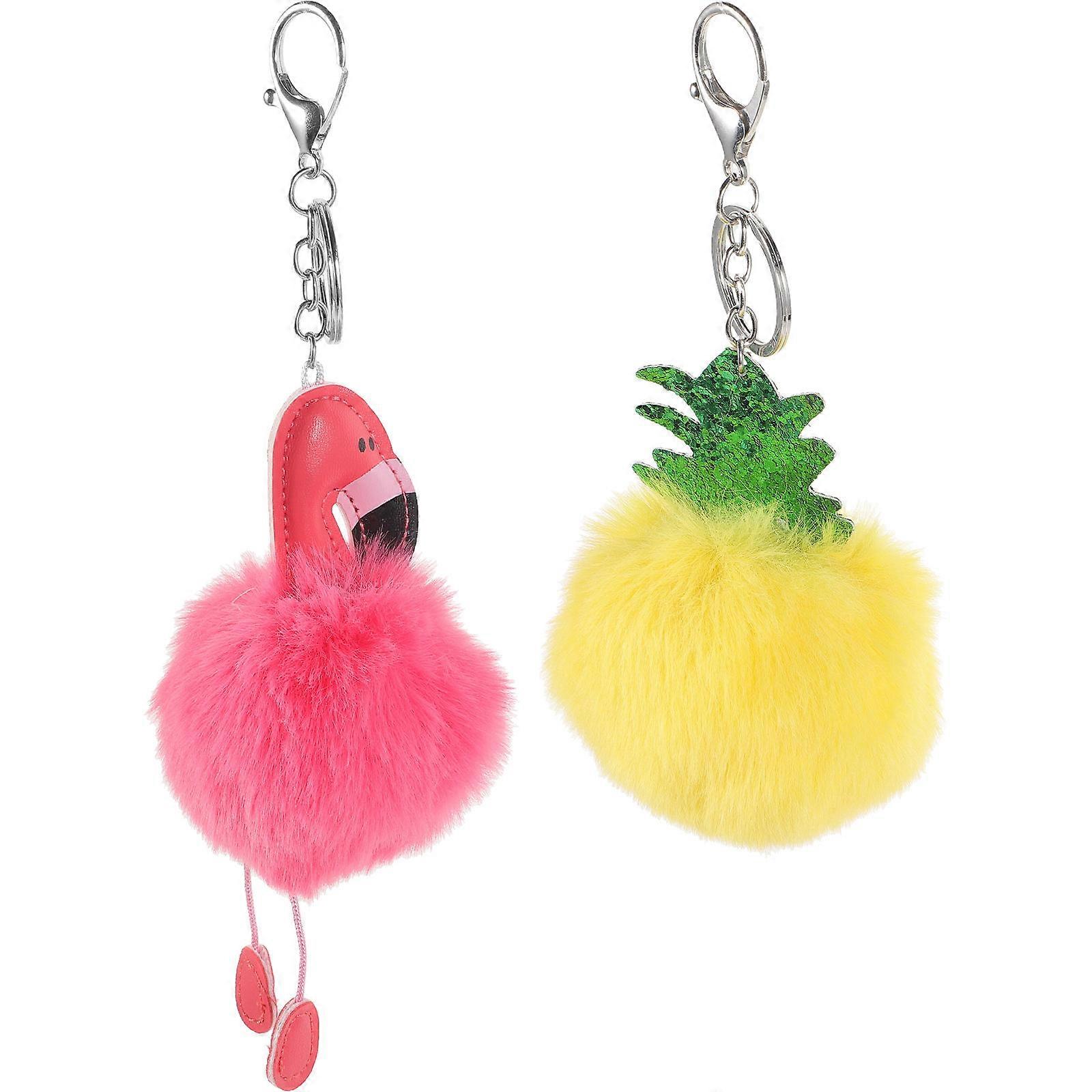 Flamingo and Pineapple Key Ring 2Pcs Assorted Color Cute Fluffy Keychain for Key Use