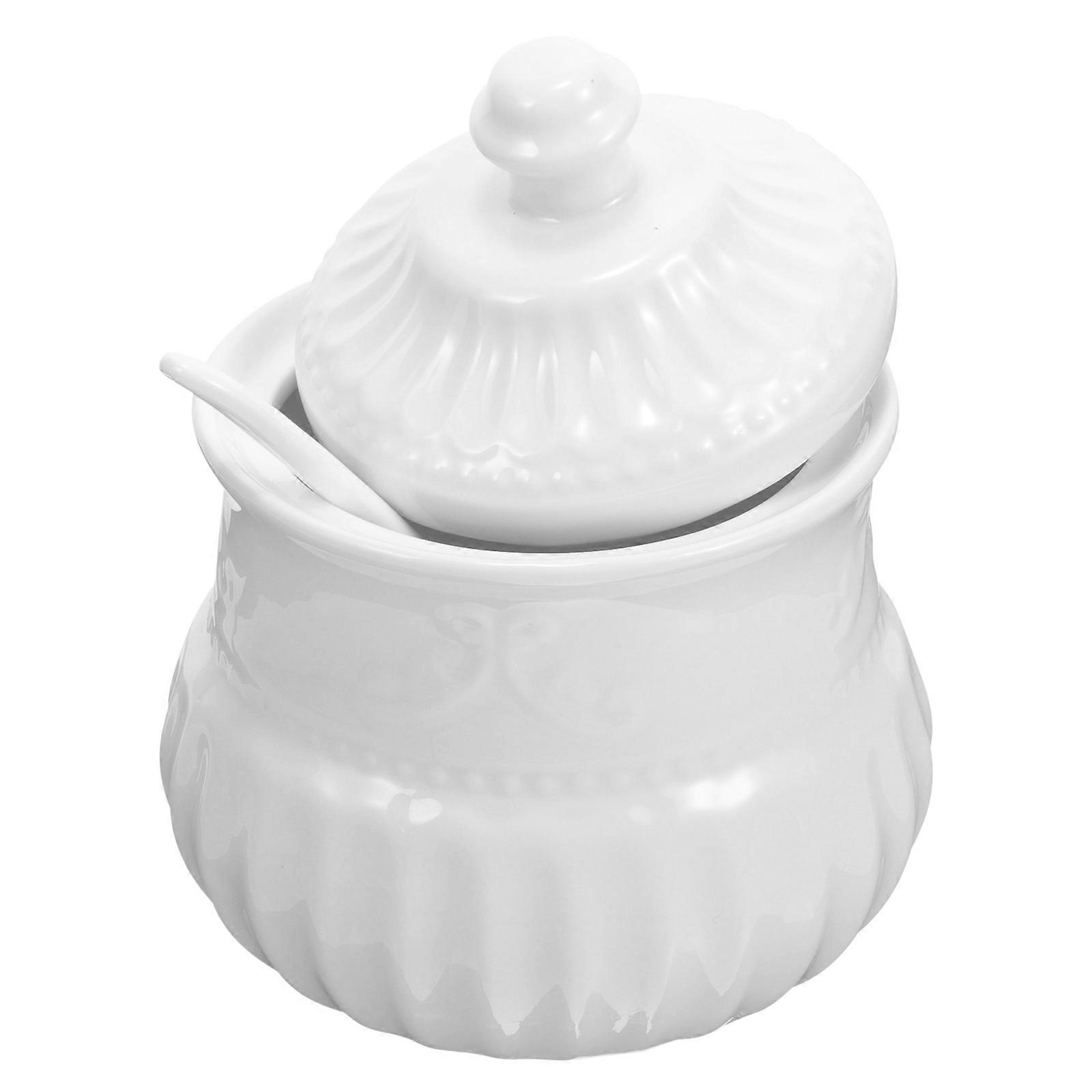 White Ceramic Sugar Jar for Kitchen Storage 4Pcs Set with Spoon