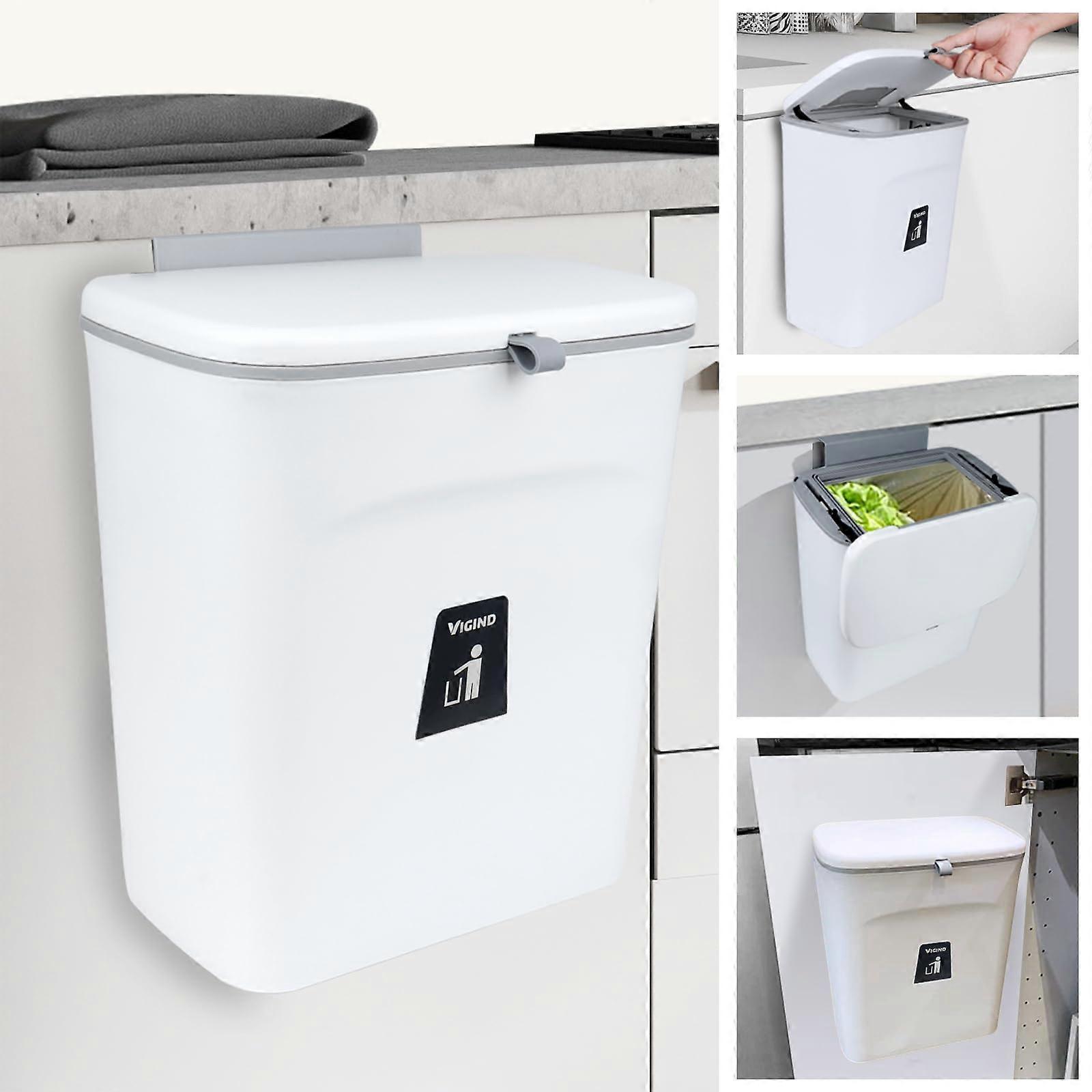 9L/2.4 Gallon Hanging Trash Can For Kitchen Cabinet Door With Lid Under Sink Garbage Bin Wall Mounted Plastic White