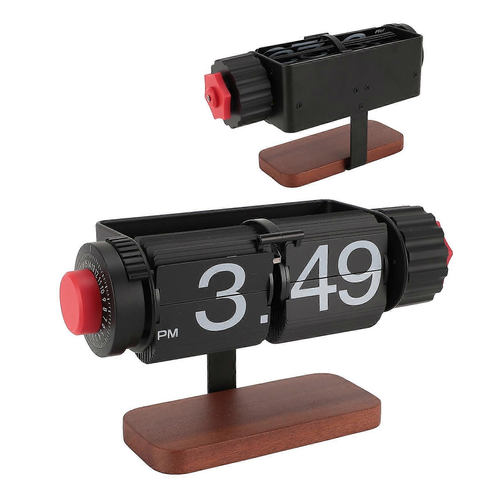 Flip Table Clock Retro Style Wooden Mechanical Automatic Flip Clock with Alarm Clock for Home Tabletop Decor 