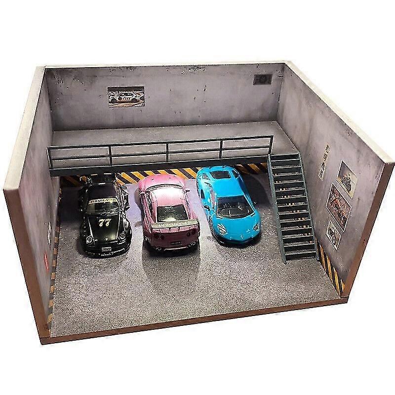 1:64 Scale Car Model Diorama Parking Lot Scenery Garage LED Lighting Display t