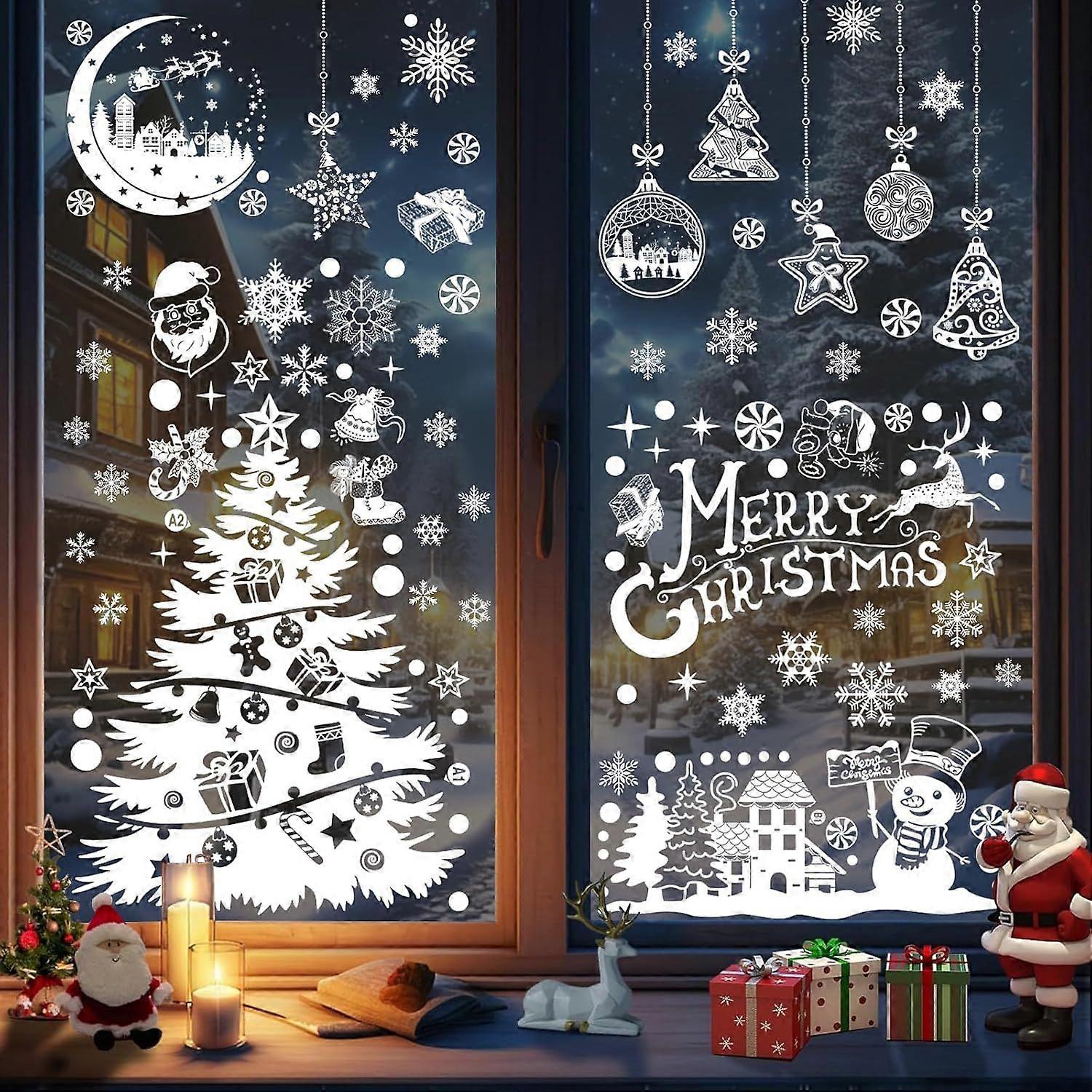 Xmas Window Stickers, 10 Sheets Reusable Window Clings-Double PVC Snowflake and Santa Static White Xmas Stickers for Xmas Decors(220 Pcs)