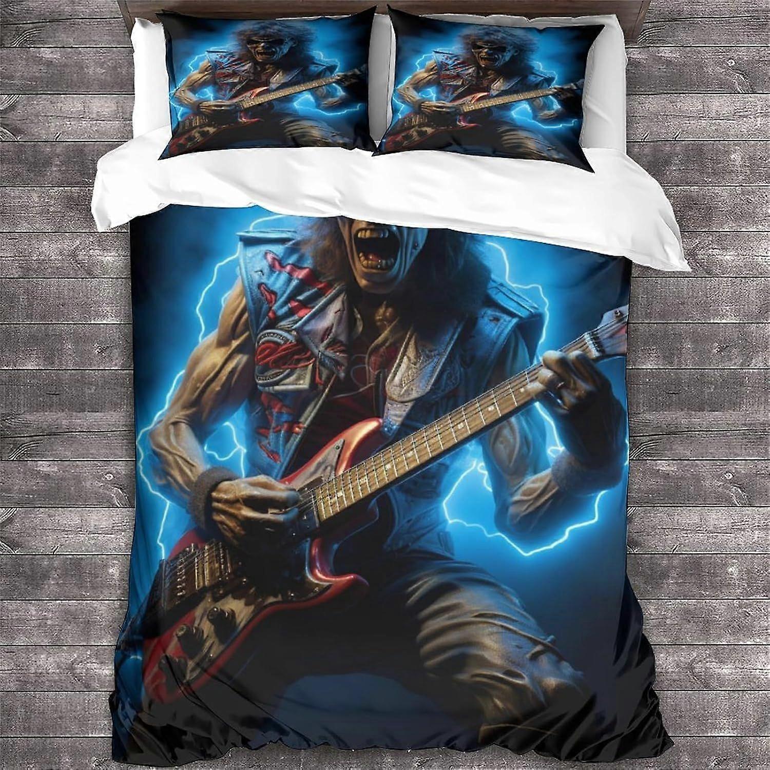 Conjunto de cama Rock 'n' Roll impresso em 3D para adolescentes, com estampa de guitarra heavy metal, capa de edredom com fronhas, capa de edredom de microfibra com estampa de caveira e zíper.