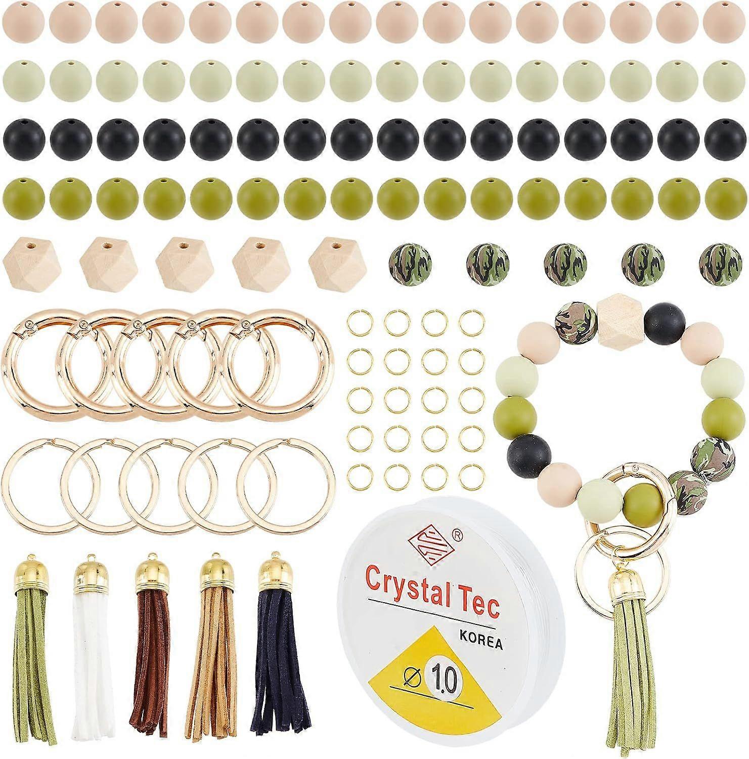 110Pcs Silicone Beads Making kit Beaded Keychain Making Kit with Round Green Silicone Beads Brass Suede Tassels Split Key Ring Spring Gate Rings Elast