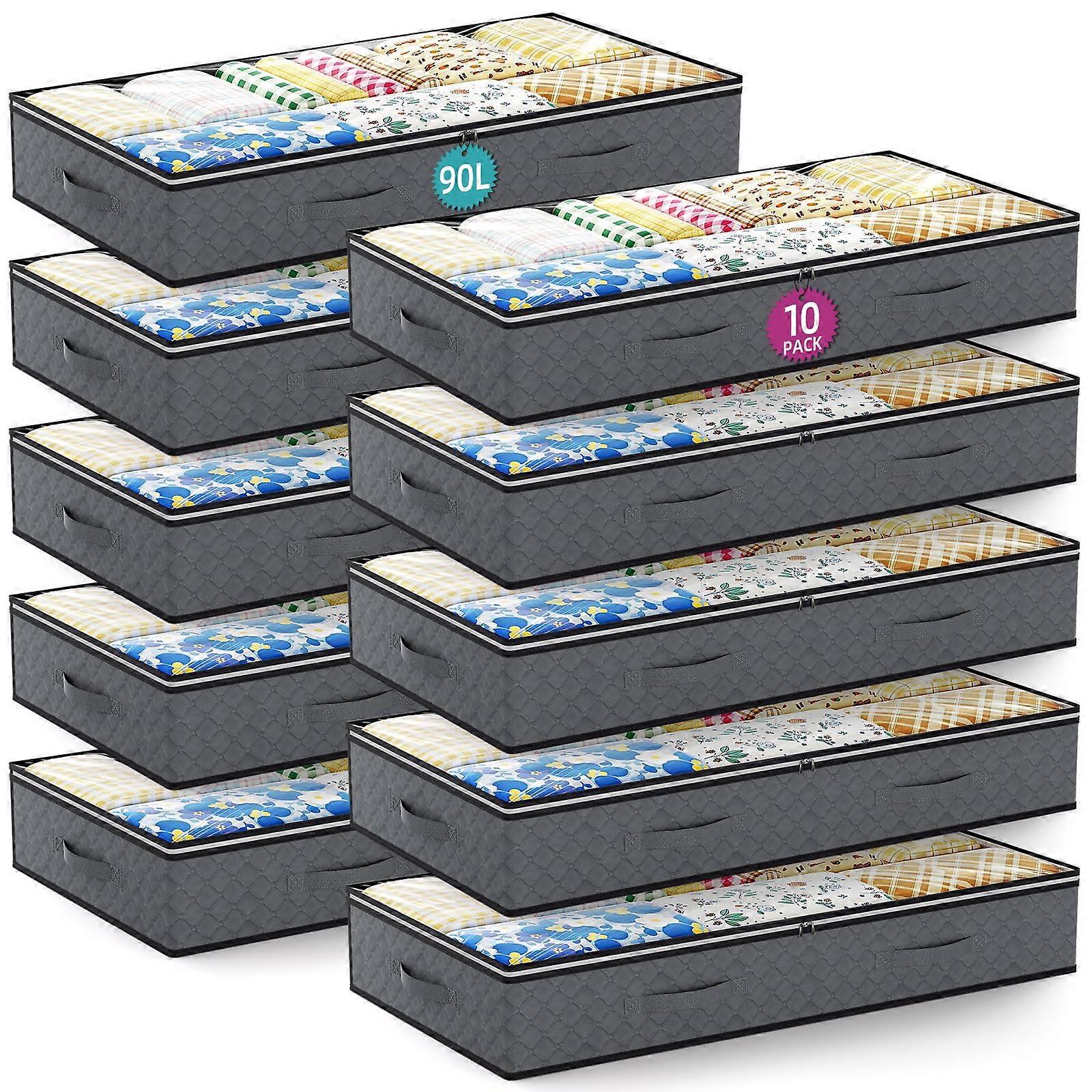 10 Pack Large Under Bed Storage Containers 90L Foldable Organizers with Clear Window and Handles for Bedding Clothes Blankets