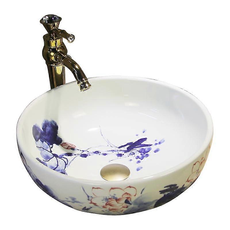 Bathroom Vessel Sink Round HandPainted Ceramic Basin with Elegant Curved Design and Easy Clean Finish