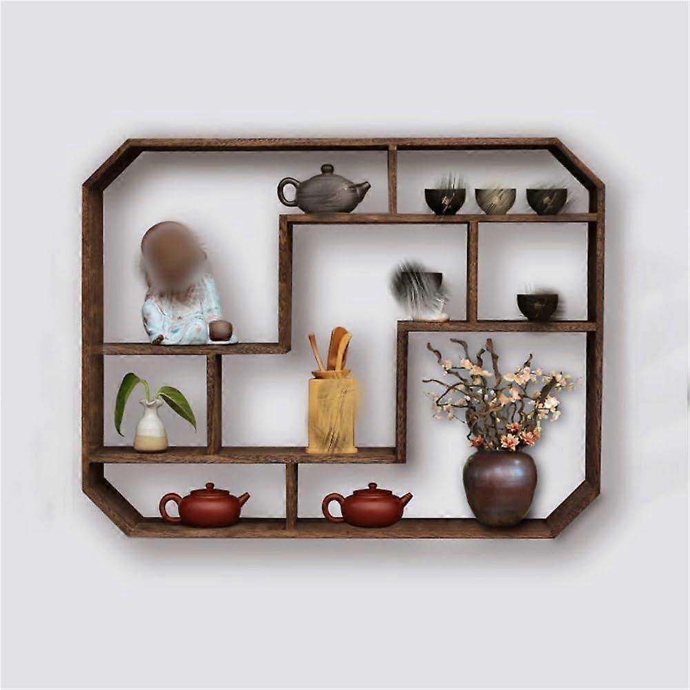 Wooden Wall Shelf with MultiGrid Display Layout, Rustic Solid Wood WallMounted Rack for Cups and Plants