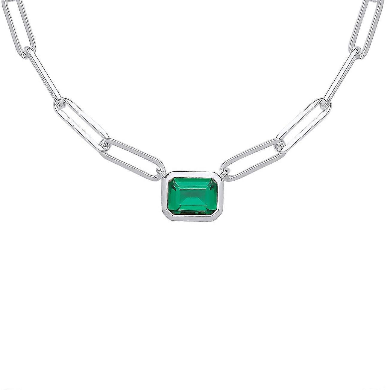 Jewelco London Ladies Sterling Silver Green Emerald CZ Paperclip TV Bezel Shape Solitaire Necklace 3mm 16 + 2 inch