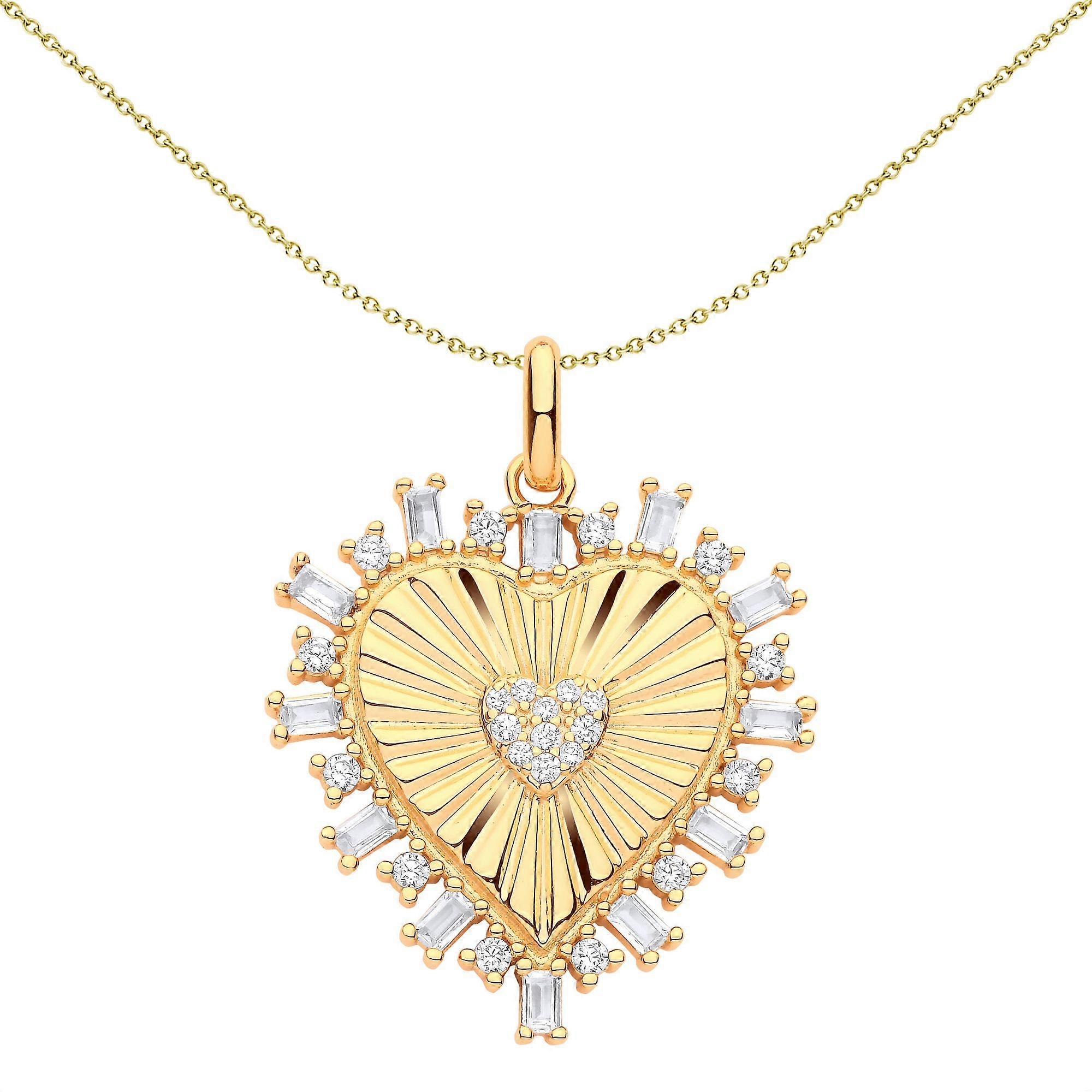 Jewelco London Ladies Gold-Plated Sterling Silver Baguette CZ Fluted Sunburst Love Heart Pendant Necklace 18 inch
