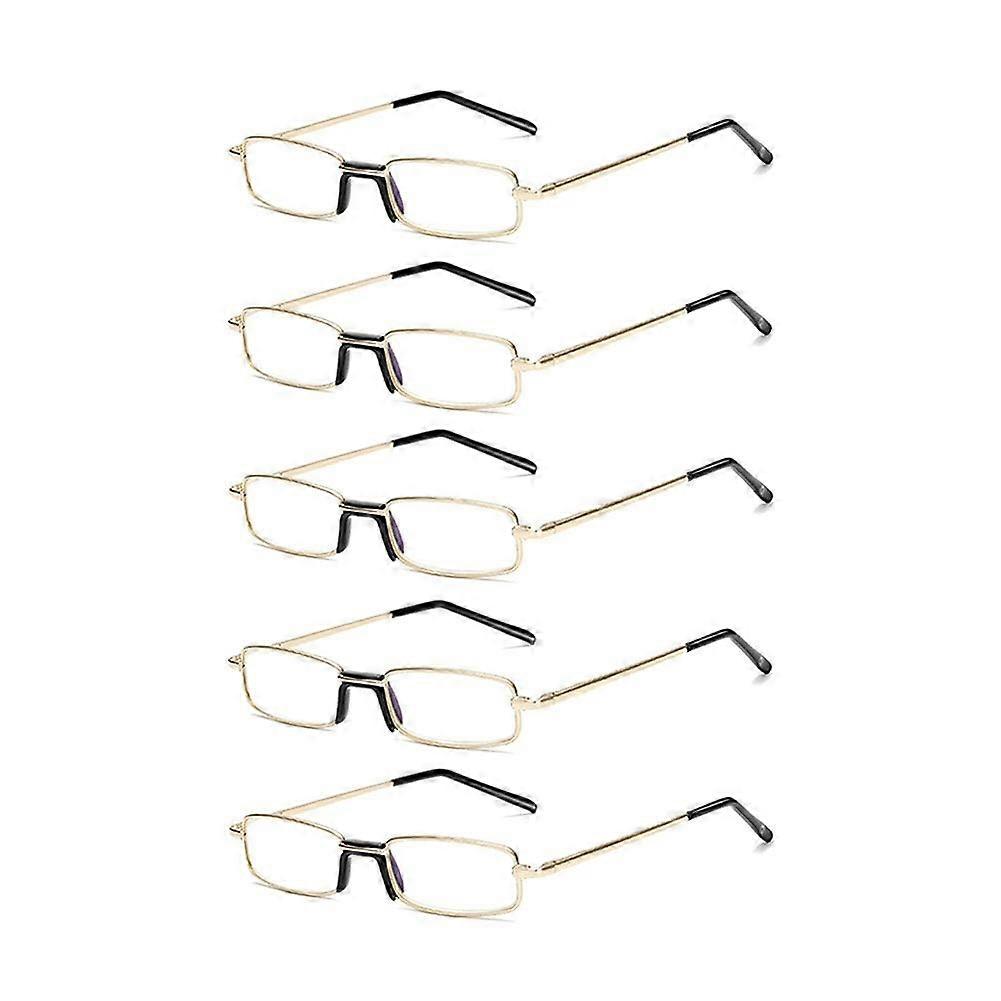 Reading Glasses 5 Pack Gold Frame Compact Rectangular 4.00X  Magnification Eyewear