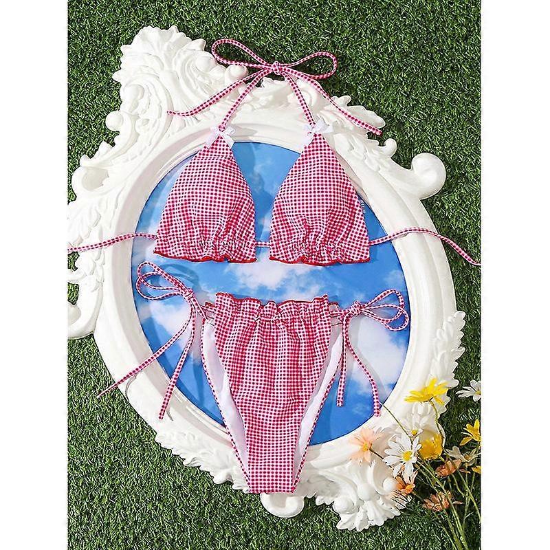 Bikini Swimwear, Grid Pattern, Strappy Split, Beach Vacation