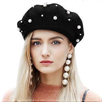 Béret à perles pour femme, orné de rivets, en laine noire