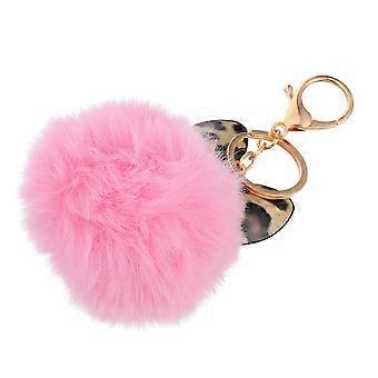 Leopard Printed Furry Ball Keychain in Pink for Decoration 1Pcs