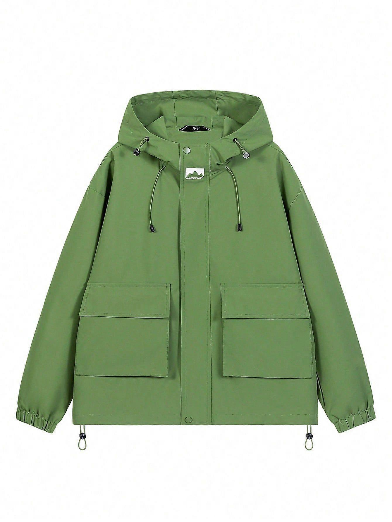 Men Flap Pocket Drawstring Hem Hooded Jacket