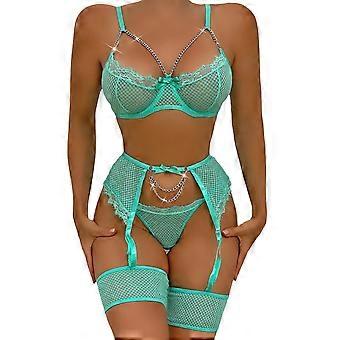 New Fashion Lace Bra Panties Sexy Lingerie Set With Strappy High Leg And Metal Rings