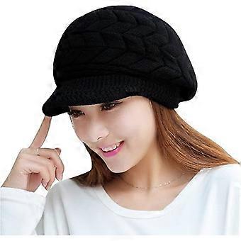 Gorro de punto de invierno para mujer con ala negra blanca gris, elegante gorro con forro polar cálido