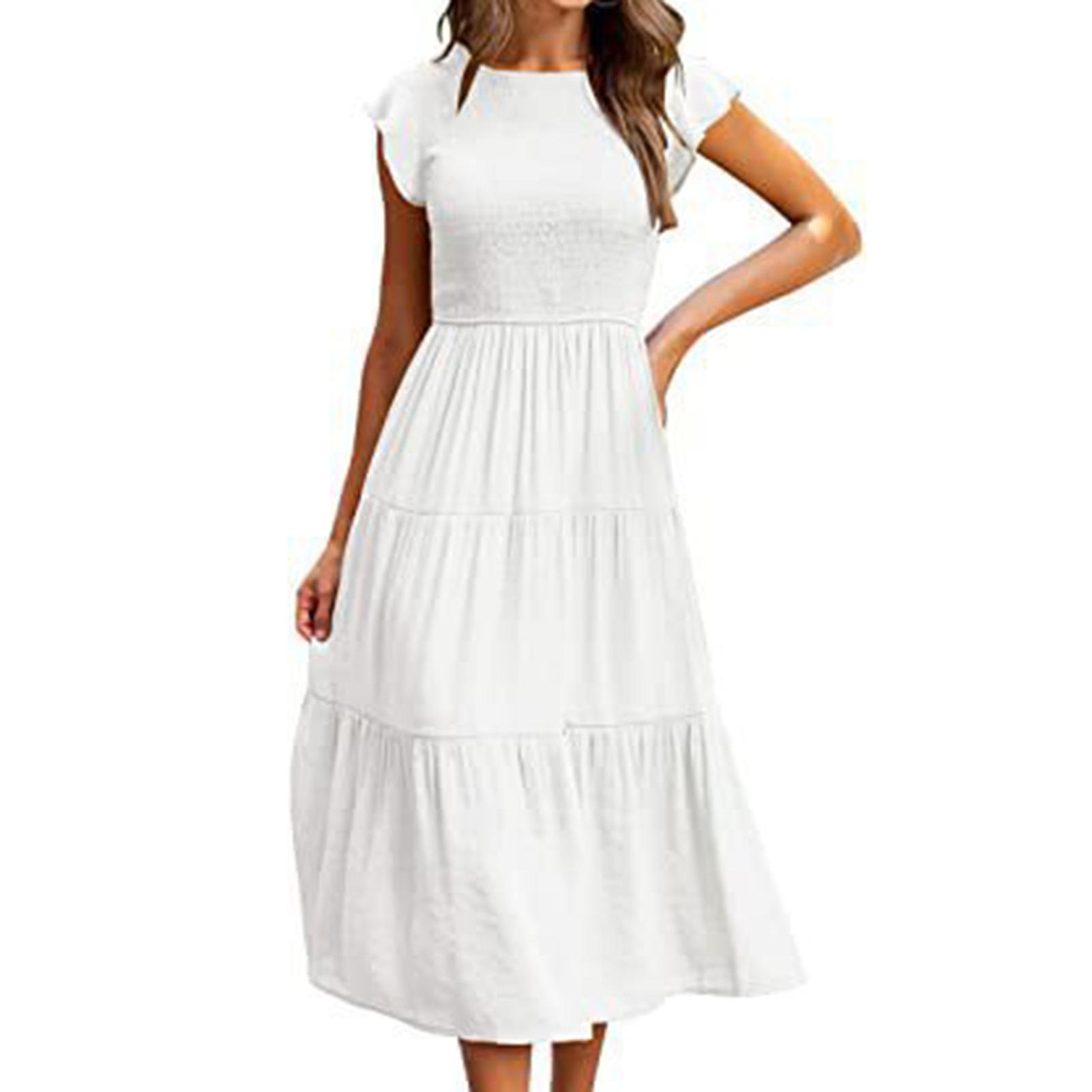 Sommar kortärmad klänning elastisk midja tiered midi klänning