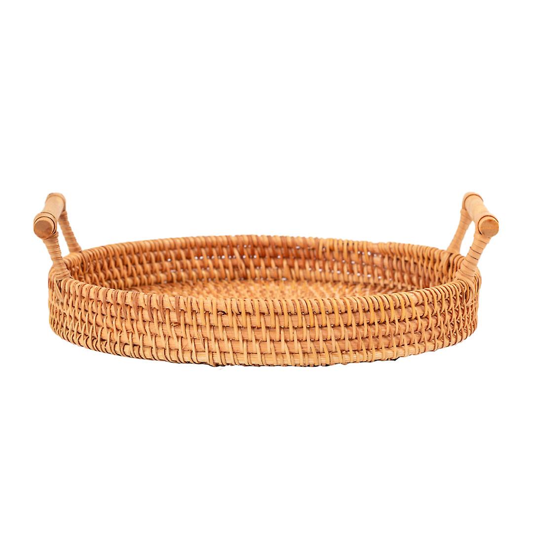 Hand Woven Round Rattan Serving Tray Bread Fruit Dessert Snack Basket with Handles Diameter 22cm Height 3cm