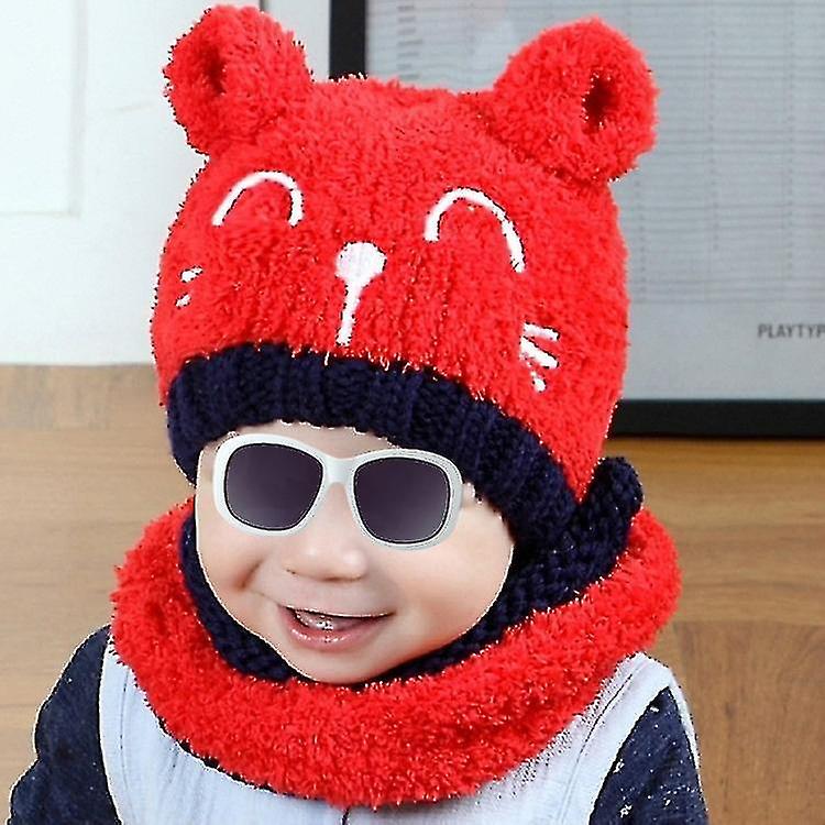 帽子赤い帽子+スカーフ秋と冬の赤ちゃん猫刺繍パターン暖かいニット帽子サイズ:44cm
