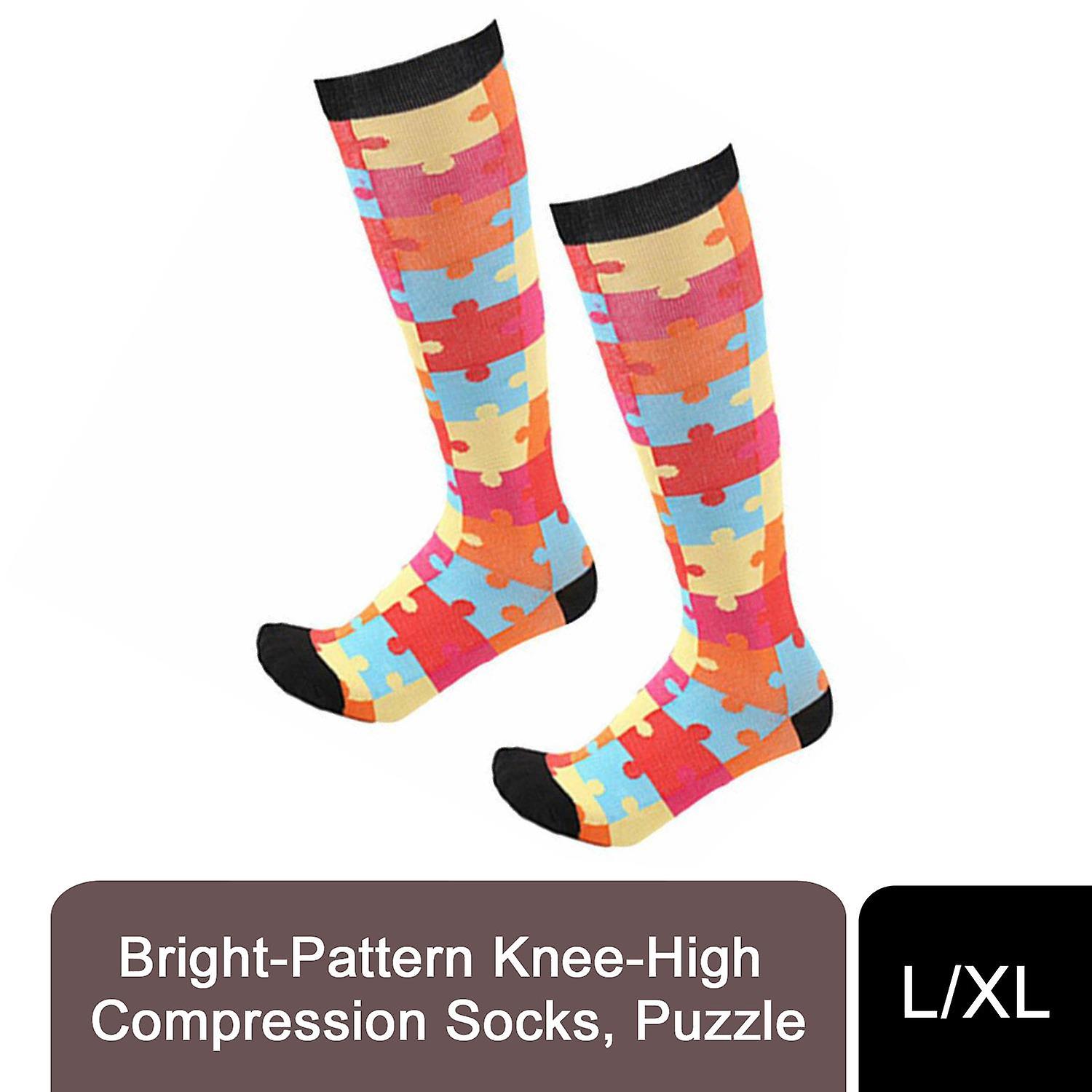 Flo Fashion Bright Pattern Knee-High Nylon Compression Sock, Puzzle, L/XL